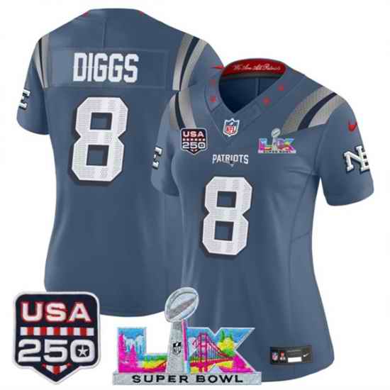 Women New England Patriots 8 Stefon Diggs Storm Blue 2025 F U S E Super Bowl LX  USA 250 Patch Rivalries Vapor Limited Football Stitched Jersey