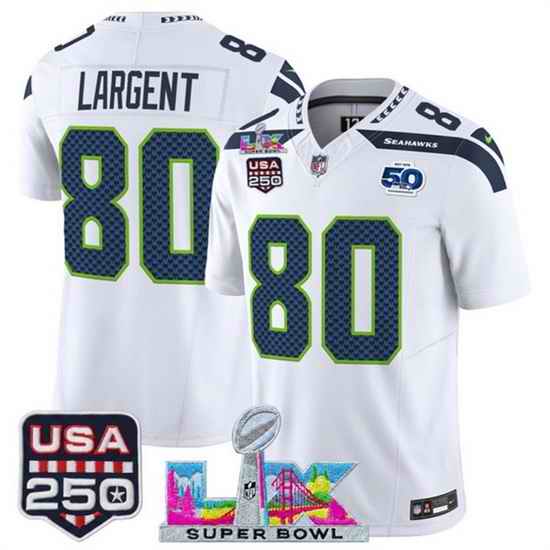 Youth Seattle Seahawks 80 Steve Largent White 2025 F U S E  Super Bowl LX Patch And 50th Season  USA 250 Patch Vapor Limited Stitched Football Jersey