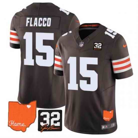 Men Cleveland Browns 15 Joe Flacco Brown 2025 F U S E  With Jim Brown Memorial  26 Home Patch Vapor Limited Stitched Football Jersey