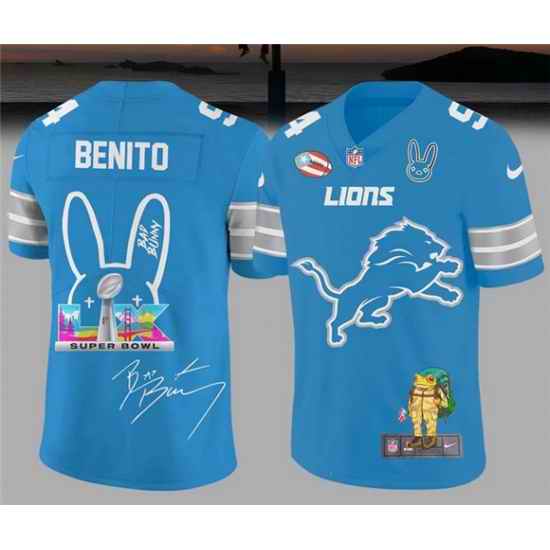 Men Detroit Lions Blue Bad Bunny Super Bowl Football Jersey