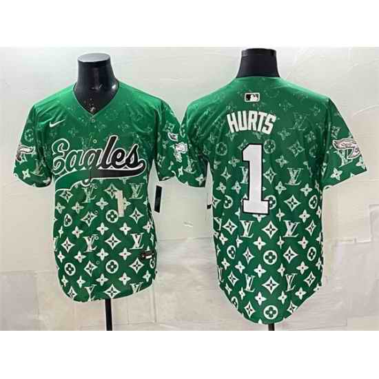 Men Philadelphia Eagles 1 Jalen Hurts Green With Patch Limited Stitched Baseball Jersey