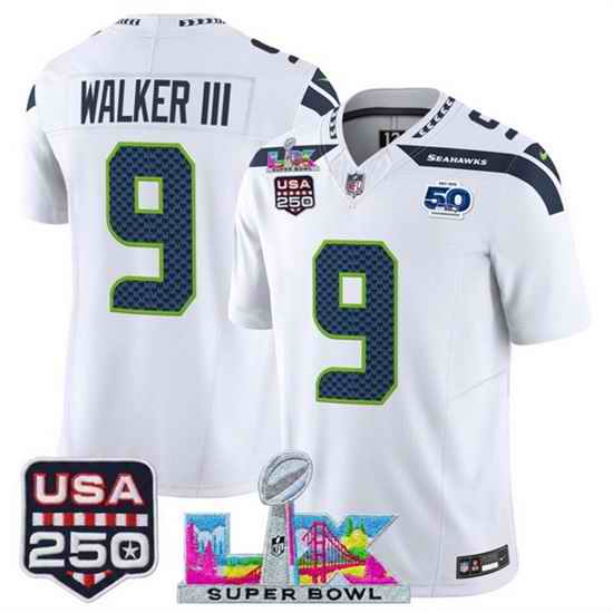Men Seattle Seahawks 9 Kenneth Walker III White 2025 F U S E  Super Bowl LX Patch And 50th Season  USA 250 Patch Vapor Limited Football Stitched Jersey