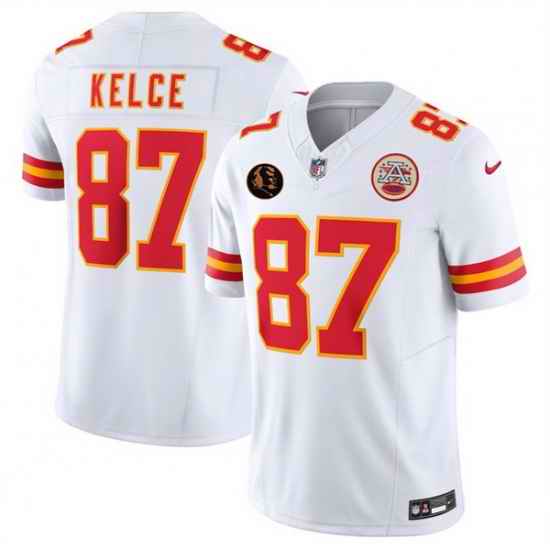 Men   Kansas City Chiefs 87 Travis Kelce White 2025 F U S E  John Madden Patch Vapor Untouchable Limited Stitched Football Jersey