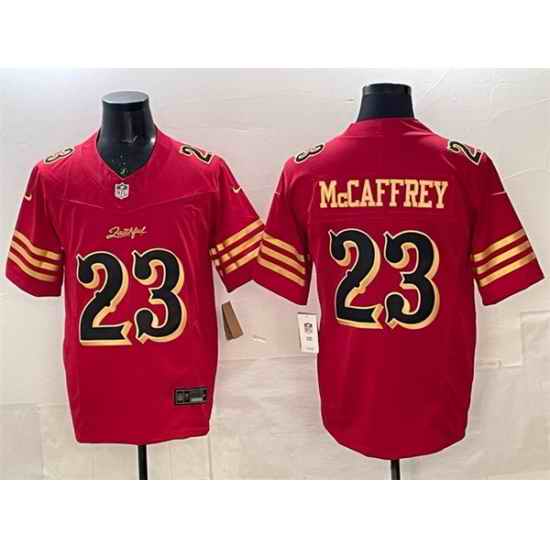 Men San Francisco 49ers 23 Christian McCaffrey Red Gold 2025 F U S E Rivalries Vapor Limited Stitched Football Jersey