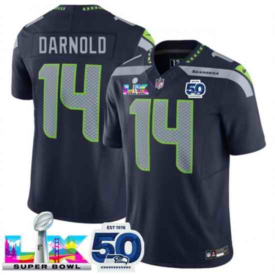 Men Seattle Seahawks 14 Sam Darnold Navy 2025 F U S E  Super Bowl LX Patch And 50th Season Patch Vapor Limited Stitched Football Jersey