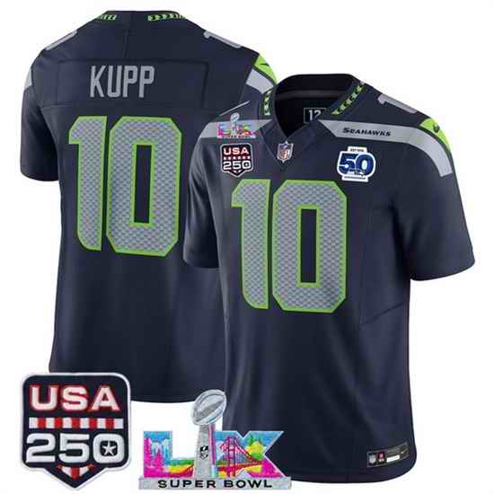 Men Seattle Seahawks 10 Cooper Kupp Navy 2025 F U S E  Super Bowl LX Patch And 50th Season Patch Vapor Limited Stitched Football Jersey