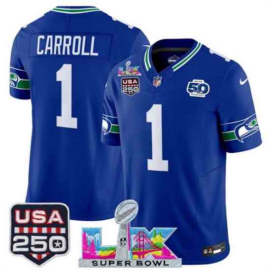 Youth Seattle Seahawks 1 Pete Carroll Royal 2025 F U S E  Super Bowl LX Patch And 50th Season  USA 250 Patch Vapor Throwback Limited Stitched Football Jers
