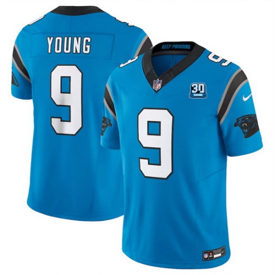 Men Carolina Panthers 9 Bryce Young Blue 2024 30th Anniversary Patch F U S E  Vapor Limited Stitched Football Jersey