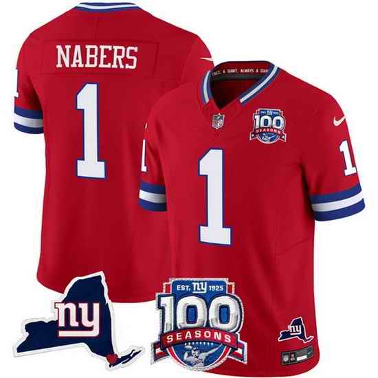 Men New York Giants 1 Malik Nabers Red 2024 F U S E 100th Season And State Patch Vapor Limited Stitched Football Jersey