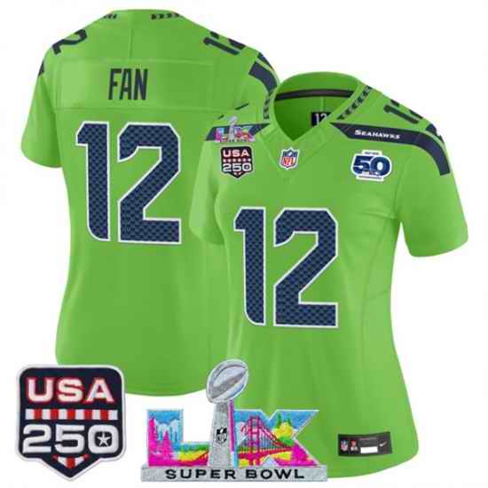 Women Seattle Seahawks 12 Fan Green 2025 F U S E  Super Bowl LX Patch And 50th Season  26 USA 250 27 Patch Vapor Limited Football Stitched Jersey