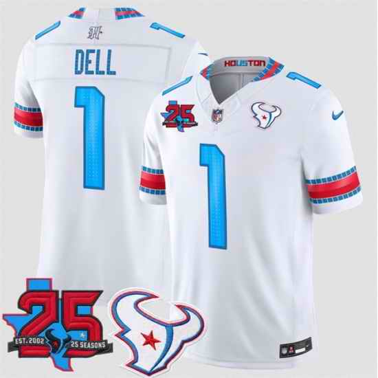 Men Houston Texans 1 Tank Dell White 2026 25th Anniversary Patch F U S E  HOUSTON US Rivalries Collection Limited Stitched Football Jersey