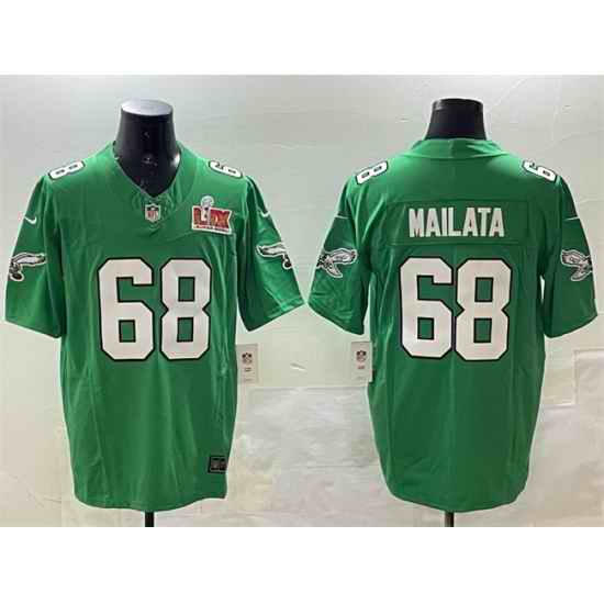 Men Philadelphia Eagles 68 Jordan Mailata Green 2025 Super Bowl LIX Patch F U S E  Throwback Vapor Untouchable Limited Stitched Football Jersey