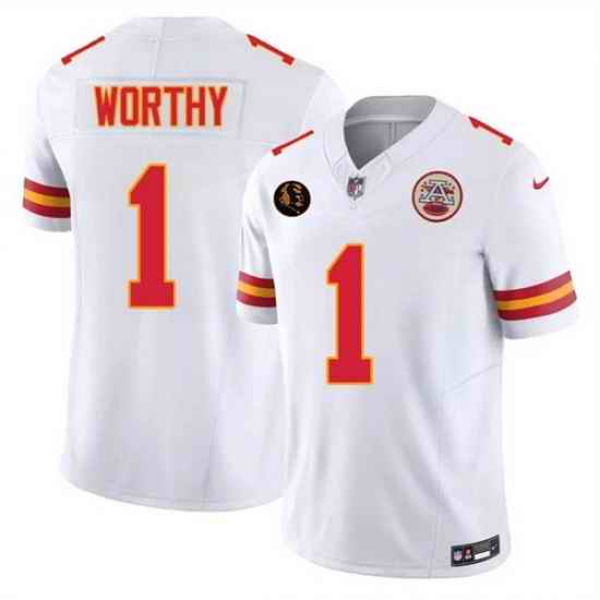 Men   Kansas City Chiefs 1 Xavier Worthy White 2025 F U S E  John Madden Patch Vapor Untouchable Limited Stitched Football Jersey