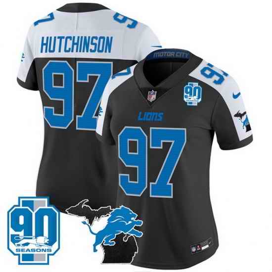 Women Detroit Lions 97 Aidan Hutchinson Black White 2024 F U S E Michigan Patch  26 90th Year Patch Vapor Limited Stitched Jersey