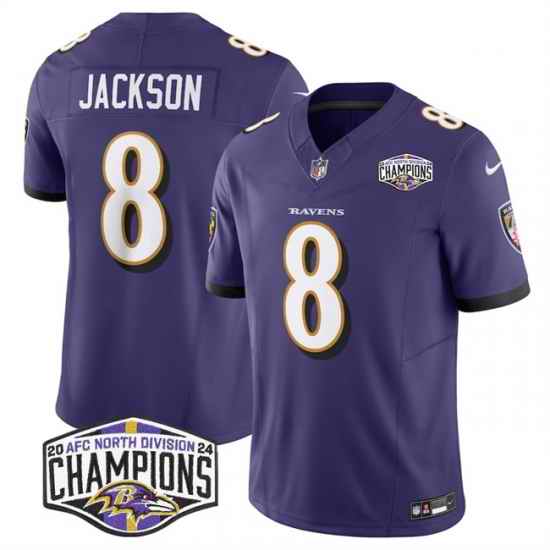 Men Baltimore Ravens 8 Lamar Jackson Purple F U S E 2024 AFC North Division Champions Vapor Limited Football Jersey