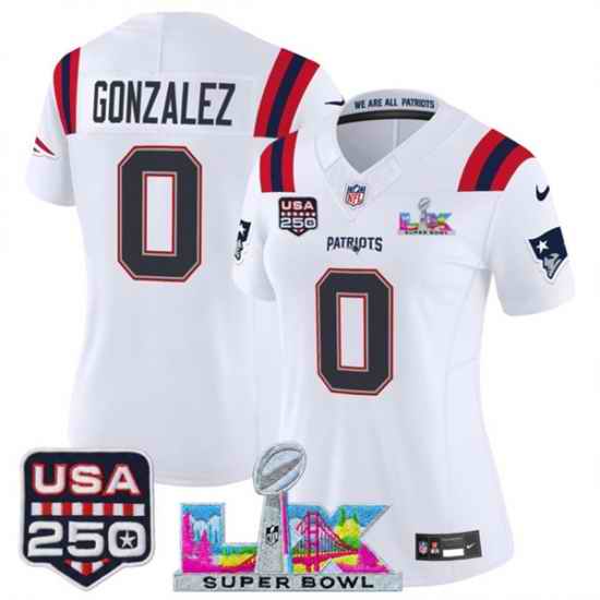 Women New England Patriots 0 Christian Gonzalez White 2025 F U S E  Super Bowl LX Patch And USA 250 27 Patch Vapor Limited Football Stitched Jersey