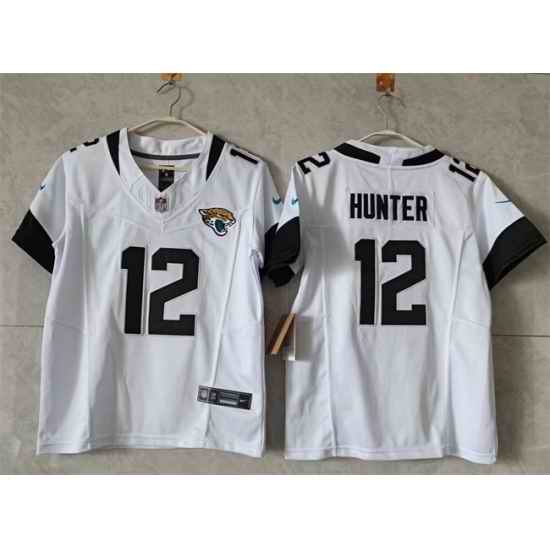 Women Jacksonville Jaguars 12 Travis Hunter White 2024 F U S E Vapor Limited Stitched Football Jersey