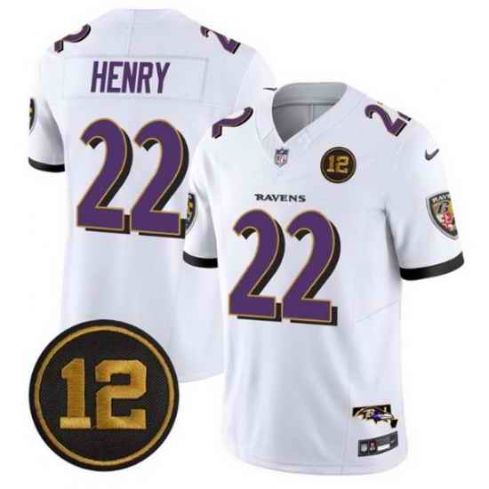 Men Baltimore Ravens 22 Derrick Henry White 2025 F U S E  Jacoby Jones Patch Vapor Limited Football Jersey