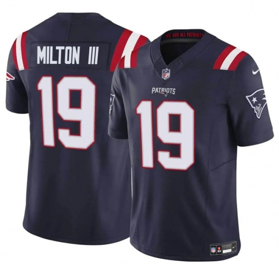 Men New England Patriots 19 Joe Milton III Navy 2024 F U S E  Vapor Limited Stitched Football Jersey