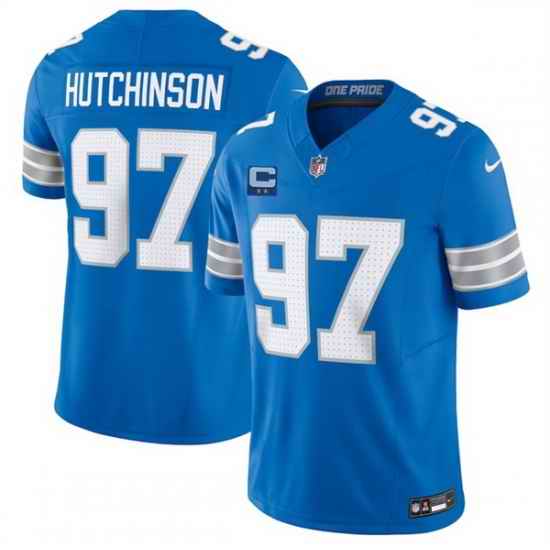 Men Detroit Lions 97 Aidan Hutchinson Blue 2025 F U S E  With 2 Star C Patch Vapor Limited Stitched Jersey