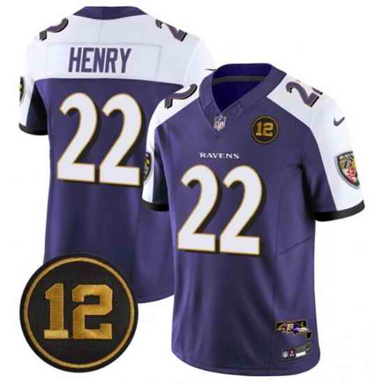 Men Baltimore Ravens 22 Derrick Henry Purple Alternate 2025 F U S E  Jacoby Jones Patch Vapor Limited Football Jersey