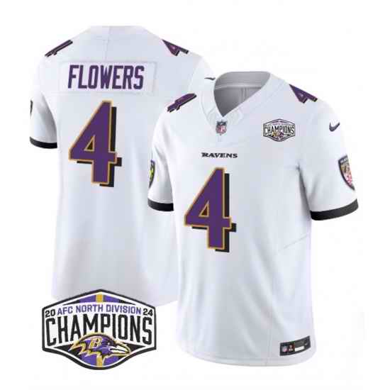 Men Baltimore Ravens 4 Zay Flowers White F U S E 2024 AFC North Division Champions Vapor Limited Football Jersey