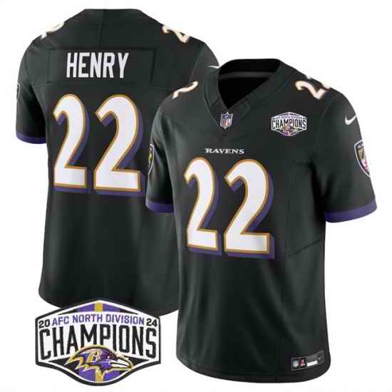 Men Baltimore Ravens 22 Derrick Henry Black F U S E 2024 AFC North Division Champions Vapor Limited Football Jersey