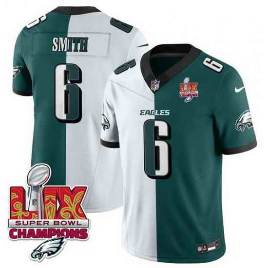 Men Philadelphia Eagles 6 DeVonta Smith White Green Split 2025 Super Bowl LIX Champions Patch F U S E  Vapor Untouchable Limited Stitched Football Jersey