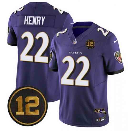 Men Baltimore Ravens 22 Derrick Henry Purple 2025 F U S E  Jacoby Jones Patch Vapor Limited Football Jersey