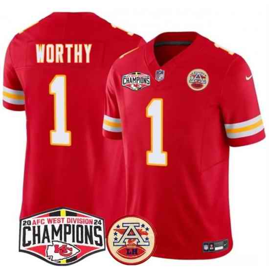 Men Kansas City Chiefs 1 Xavier Worthy Red F U S E  2024 AFC West Division Champions Vapor Limited Stitched Football Jersey