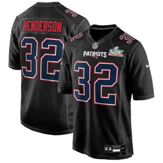 Men New England Patriots 32 TreVeyon Henderson Black 2025 Super Bowl LX Patch Carbon Fashion Stitched Game Jersey