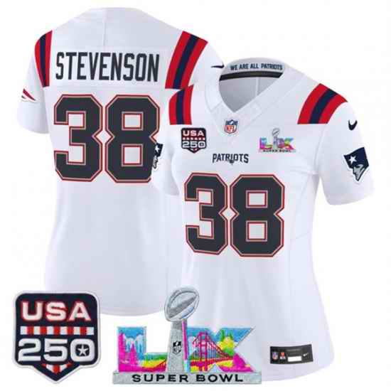 Women New England Patriots 38 Rhamondre Stevenson White 2025 F U S E  Super Bowl LX Patch And USA 250 27 Patch Vapor Limited Football Stitched Jersey
