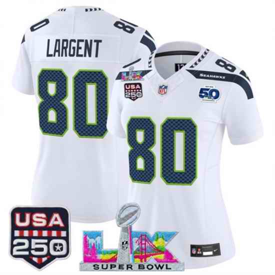 Women Seattle Seahawks 80 Steve Largent White 2025 F U S E  Super Bowl LX Patch And 50th Season  26 USA 250 27 Patch Vapor Limited Football Stitched Jersey