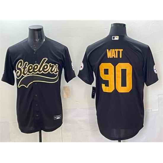 Men Pittsburgh Steelers 90 T J  Watt Black Cool Base Stitched Baseball Jersey