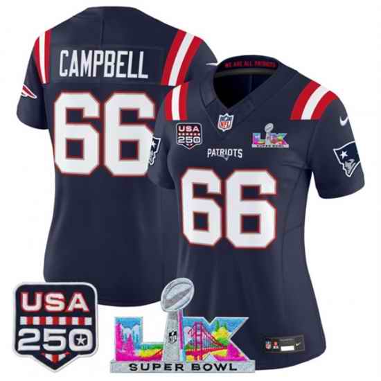 Women New England Patriots 66 Will Campbell Navy 2025 F U S E  Super Bowl LX Patch And USA 250 27 Patch Vapor Limited Football Stitched Jersey