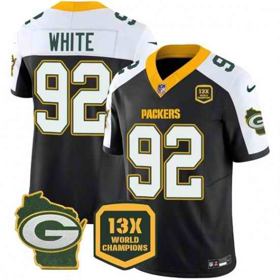 Men Green Bay Packers 92 Reggie white Black White 2023 F U S E  Home Patch 13 Time World Champions Vapor Untouchable Limited Stitched Football Jersey