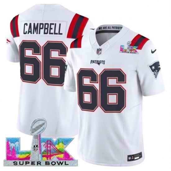 Men New England Patriots 66 Will Campbell White 2025 F U S E  Super Bowl LX Patch Vapor Limited Stitched Football Jersey