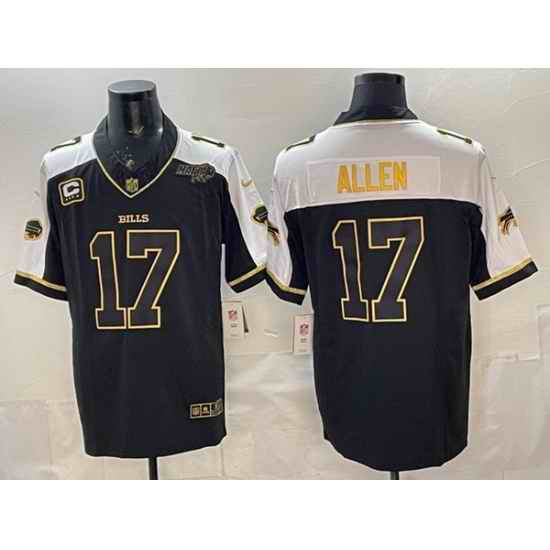 Men Buffalo Bills 17 Josh Allen Black Gold 2025 F U S E  With Bills Mafia Patch  26 4 Star C Patch Vapor Limited Stitched Football Jersey