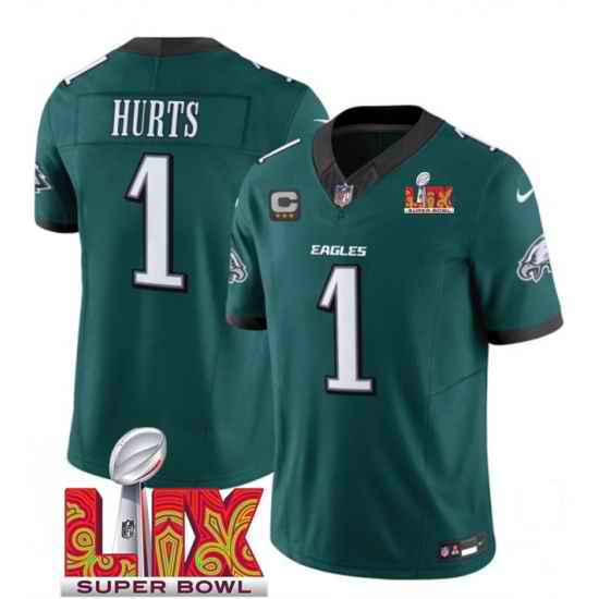 Men Philadelphia Eagles 1 Jalen Hurts Green 2025 Super Bowl LIX Patch With 3 Star C Patch New F U S E  Vapor Untouchable Limited Stitched Football Jersey