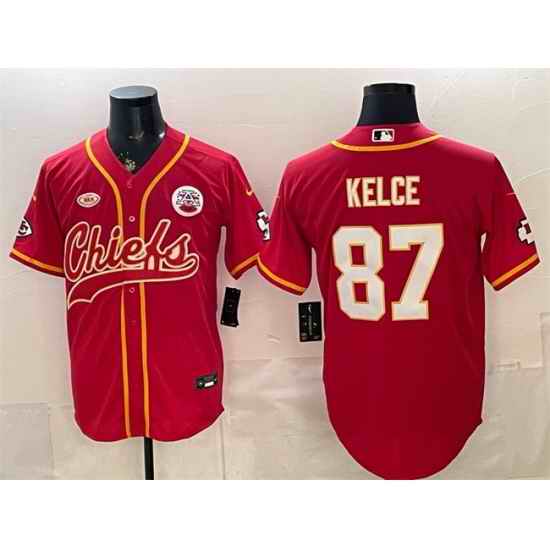 Men Kansas City Chiefs  87 Travis Kelce Red With NKH Patch Cool Base Stitched Baseball Jersey