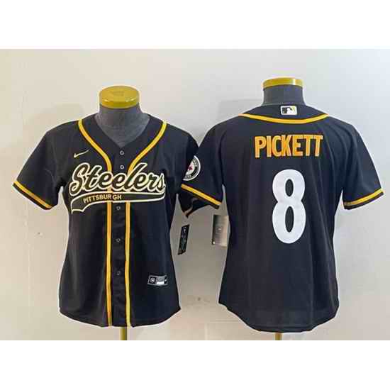 Women Pittsburgh Steelers 8 Kenny Pickett Black With Patch Cool Base Stitched Baseball Jersey