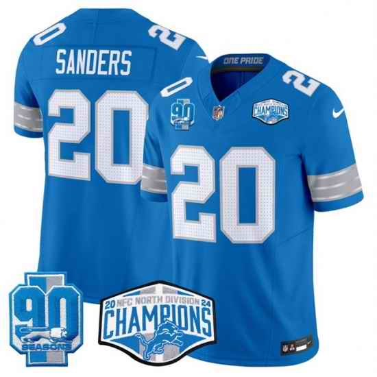 Men Detroit Lions 20 Barry Sanders Blue 2024 NFC North Champions 90th Anniversary Patch F U S E  Vapor Limited Stitched Jersey