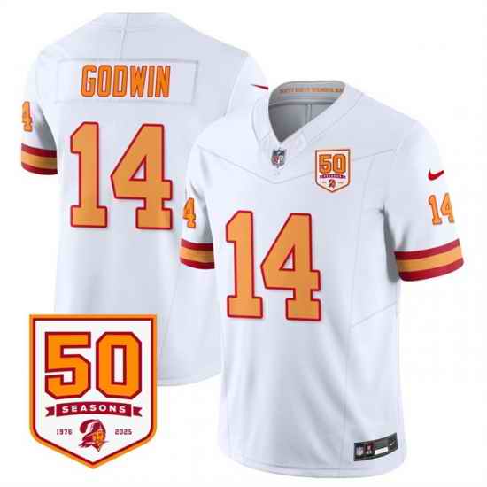 Men Tampa Bay Buccaneers 14 Chris Godwin White 2025 F U S E  50th Anniversary Patch Vapor Limited Stitched Jersey