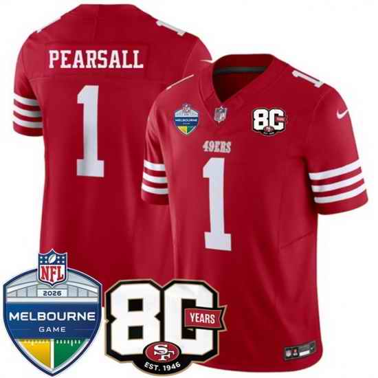 Men San Francisco 49ers 1 Ricky Pearsall Red 80th Anniversary And Melbourne Game Patch 2026 F U S E Vapor Untouchabl2026 F U S E Vapor Untouchable Limit