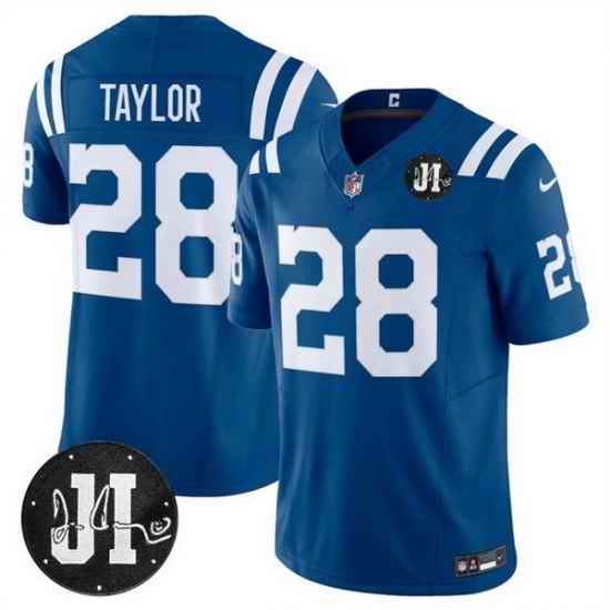 Men Indianapolis Colts 28 Jonathan Taylor Blue 2025 F U S E  Jim Irsay Patch Vapor Limited Stitched Football Jersey