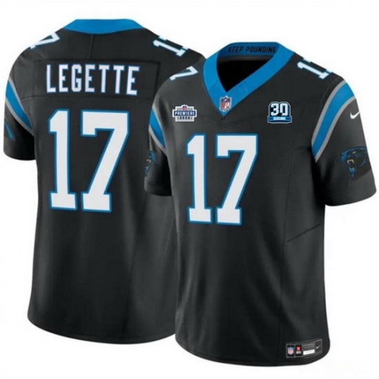 Men Carolina Panthers 17 Xavier Legette Black 2024 With Dradt Patch And 30th Anniversary Patch F U S E  Vapor Limited Stitched Football Jersey
