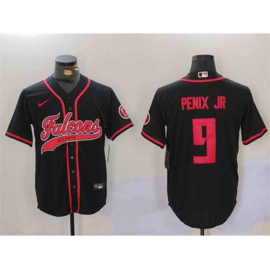 Men Atlanta Falcons  9 Michael Penix Jr  Black With Patch Cool Base Stitched Baseball Jersey