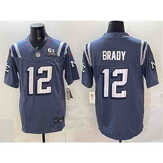 Men New England Patriots 12 Tom Brady Storm Blue 2025 F U S E  With 6x Super Bowl Champions Patch  Rivalries Vapor Limited Stitched Football Jersey