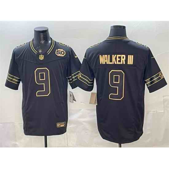 Men Seattle Seahawks  9 Kenneth Walker III Black Gold 2025 F U S E  50th Season Patch Vapor Limited Stitched Football Jersey