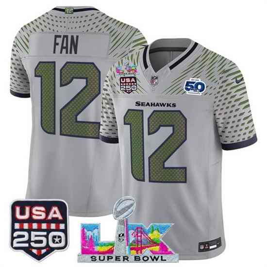 Men Seattle Seahawks 12 Fan Gray 2025 F U S E  Super Bowl LX  26 US 250th anniversary Patch And 50th Season Patch  Rivalries Vapor Limited Football Stitche